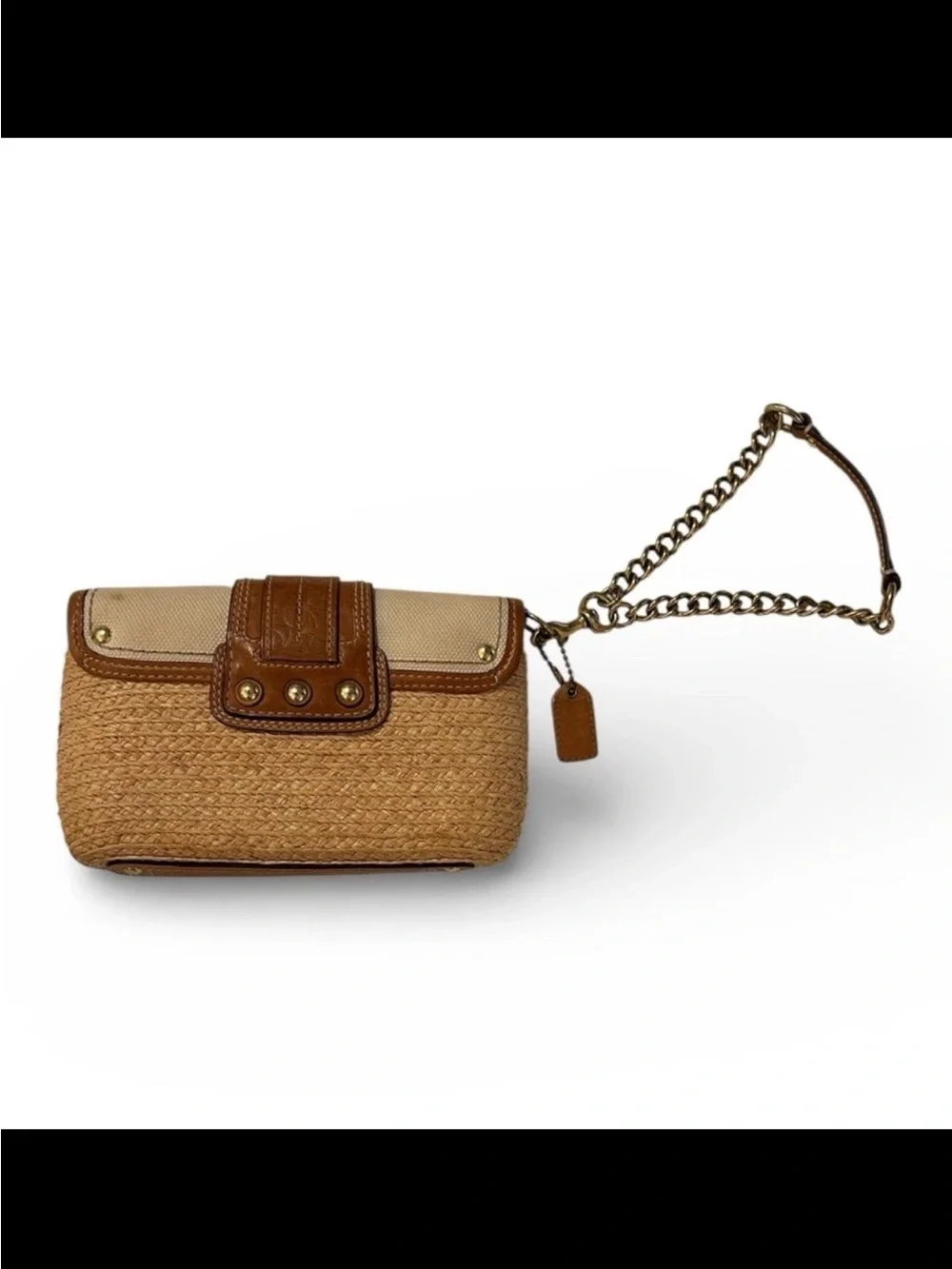 Coach Wristlet/Clutch Natural Woven Straw, Toffee Leather Trim, Cream Canvas